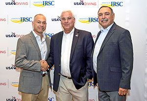 Lee Michaud, USA Diving president; Dr. Timothy E. Moore, president of Indian River State College; and Dave Gascon, USA Diving board chairman