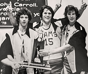 John Carroll High School seniors, from left to right, Brian Jenkins, and future BECO executives, Richard Carnell and Gregory Nelson, celebrate the Rams’ basketball team winning the district championship in 1978.