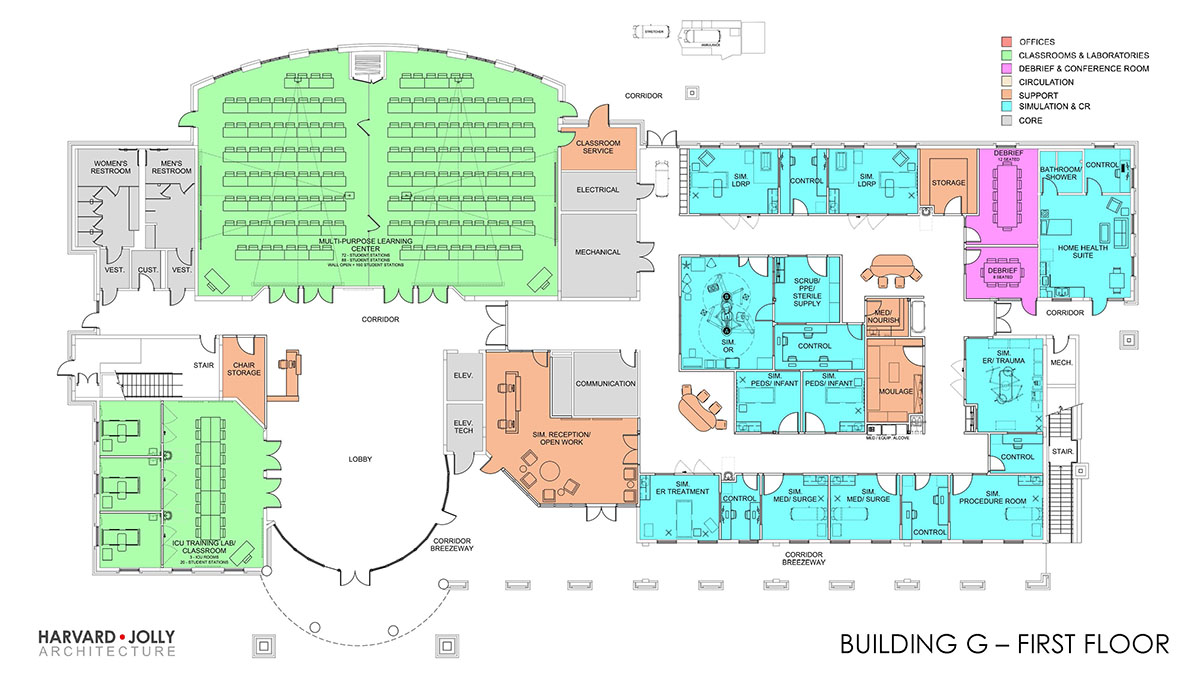 The floor plan of the G Building shows the rooms in the simulated hospital and the lab/lecture hall.