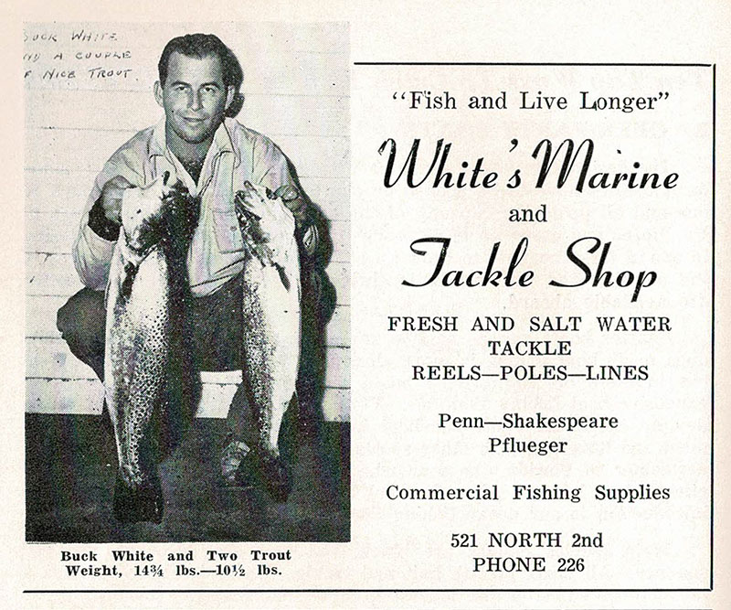 The late founder of White’s Tackle in Fort Pierce, Albert “Buck” White, is pictured in an ad for his tackle and marine shop back when it was in downtown Fort Pierce. The ad included a motto: “Fish and Live Longer.”