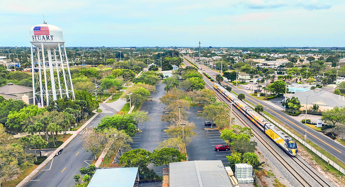 aerial view of the Brightline traveling through Stuart Florida